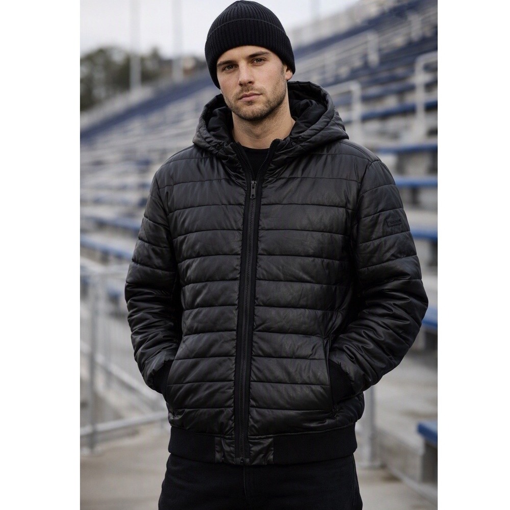 DKNY Men's Puffer Stadium Jacket Faux Leather Hoodie Winter Large